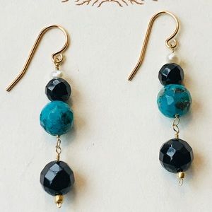 Turquoise Pearl Onyx Gold Dangle Earrings